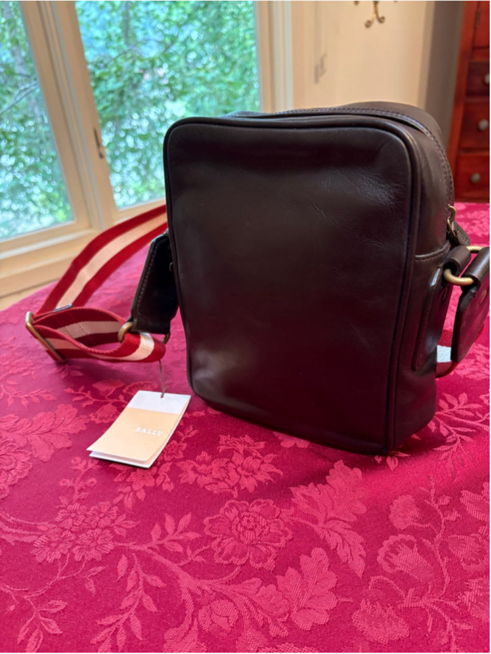 Bally Brown Leather Messenger Bag With Red and White Guitar Strap NWT